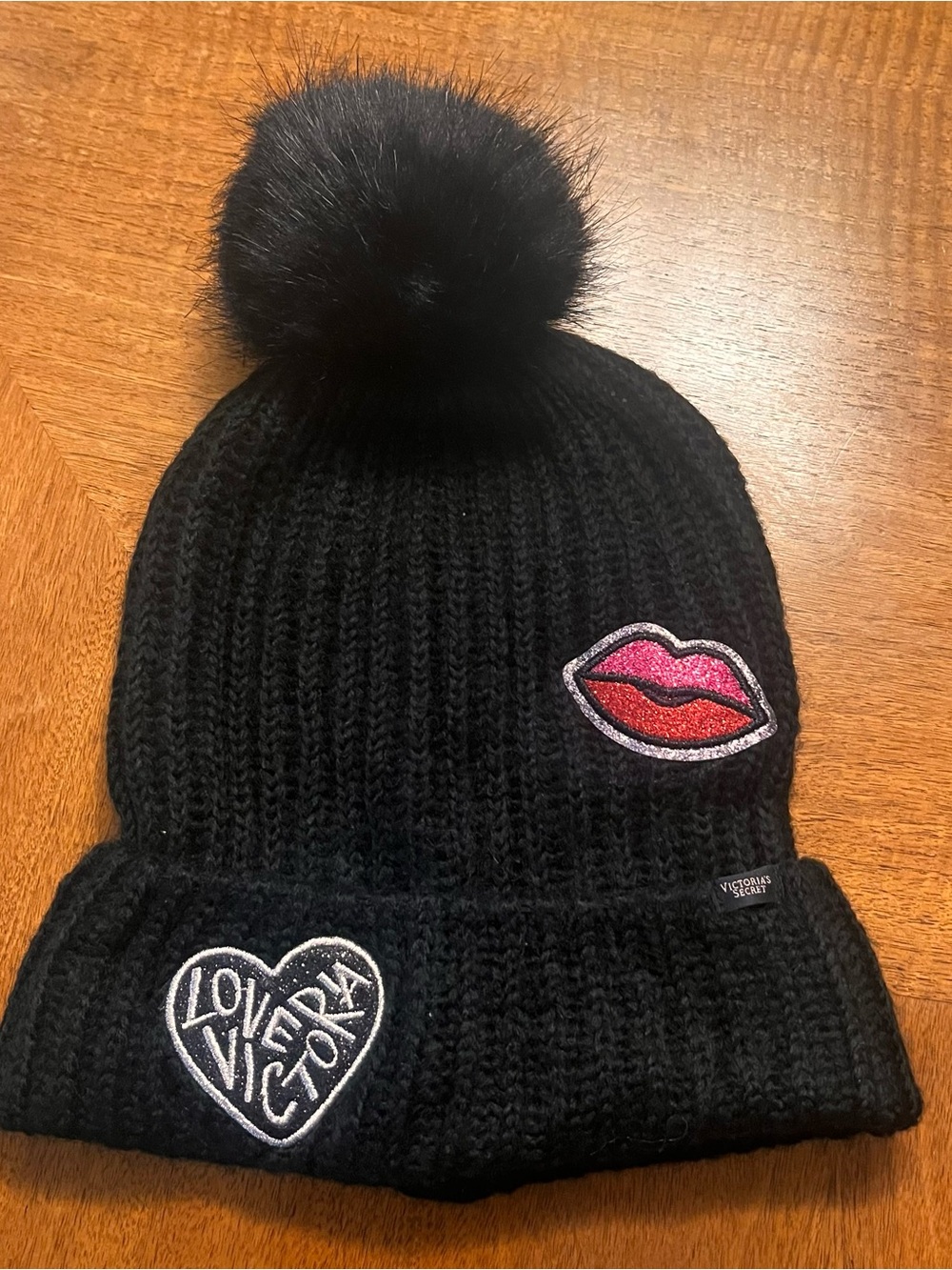 Victoria's Secret Black Beanie with Pink & Red Lip Patch